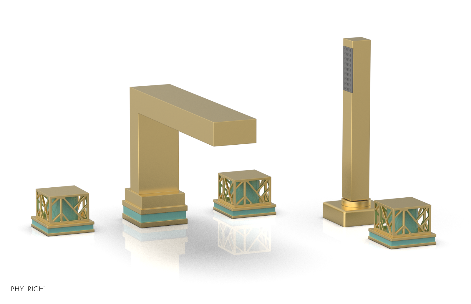 JOLIE Deck Tub Set with Hand Shower - Square Handles with "Turquoise" Accents 222-49