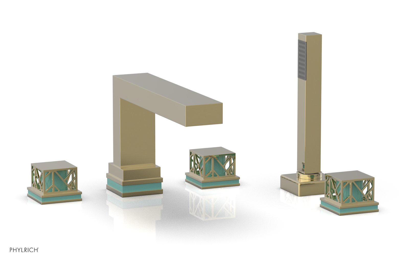 JOLIE Deck Tub Set with Hand Shower - Square Handles with "Turquoise" Accents 222-49