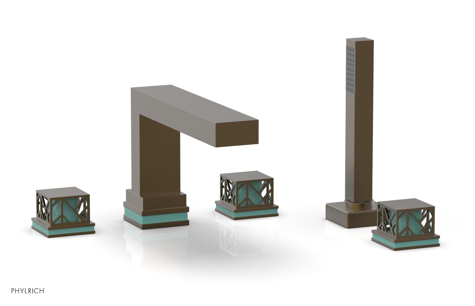 JOLIE Deck Tub Set with Hand Shower - Square Handles with "Turquoise" Accents 222-49