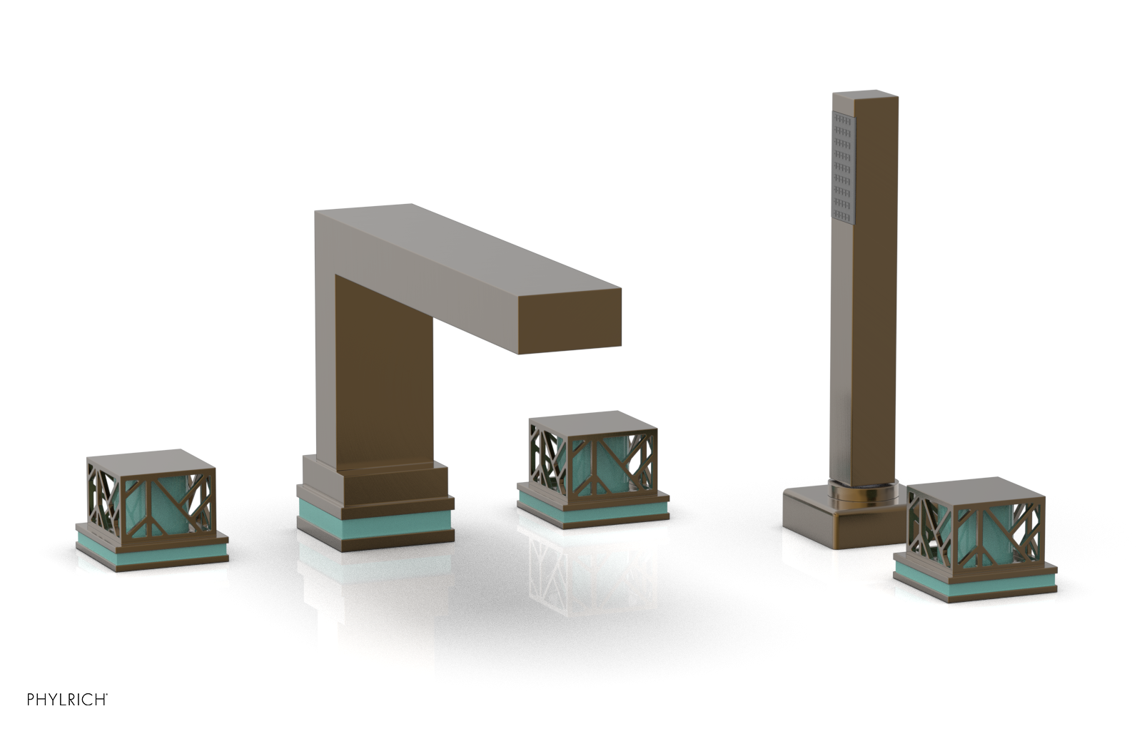 JOLIE Deck Tub Set with Hand Shower - Square Handles with "Turquoise" Accents 222-49