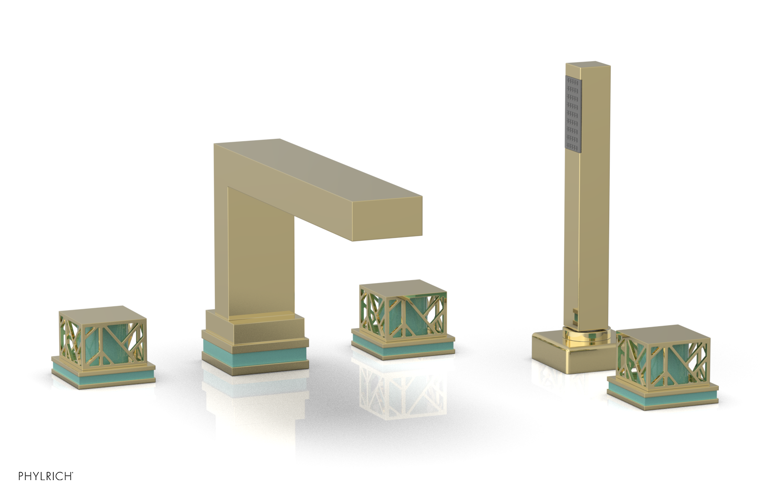 JOLIE Deck Tub Set with Hand Shower - Square Handles with "Turquoise" Accents 222-49