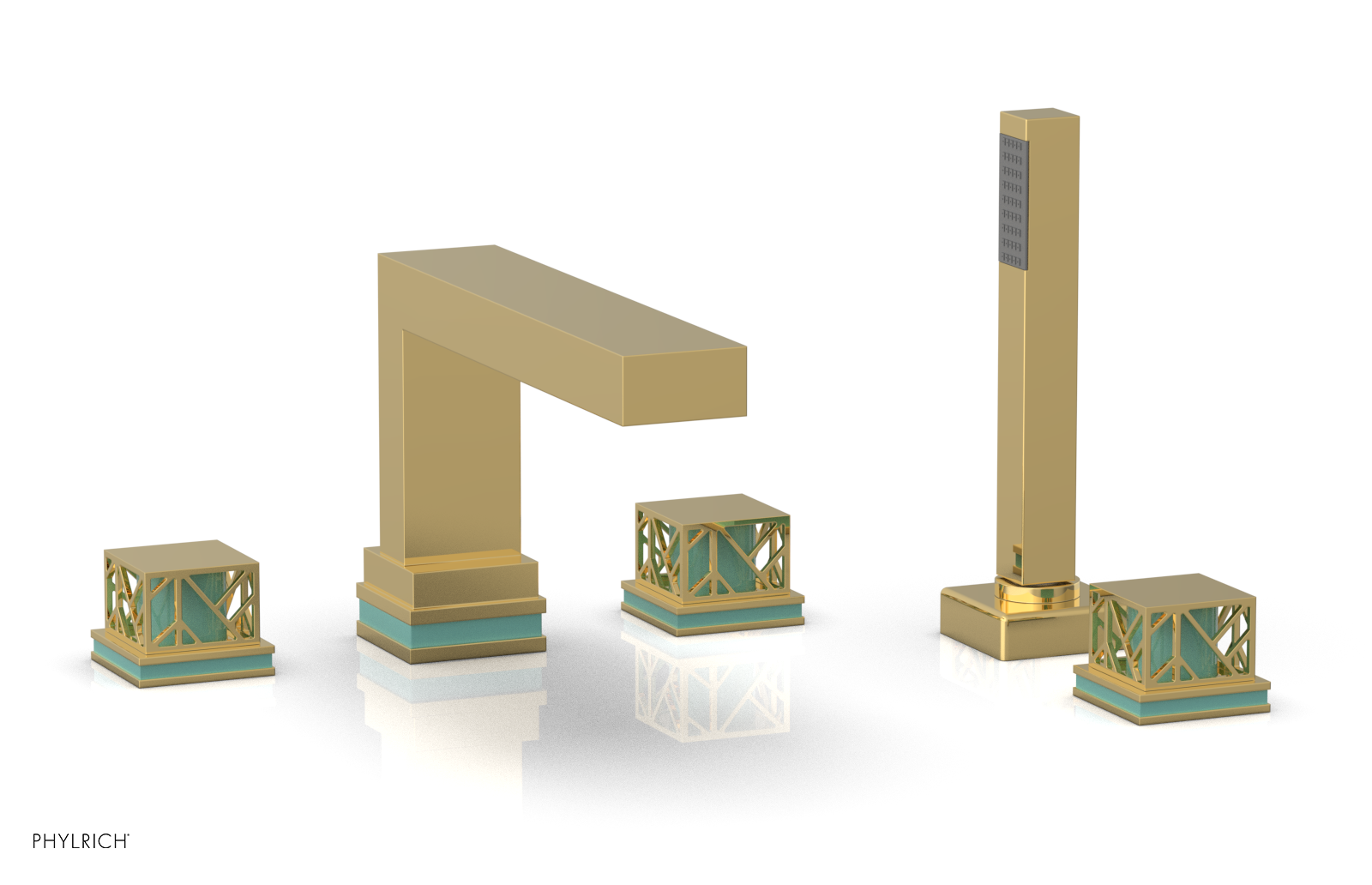 JOLIE Deck Tub Set with Hand Shower - Square Handles with "Turquoise" Accents 222-49