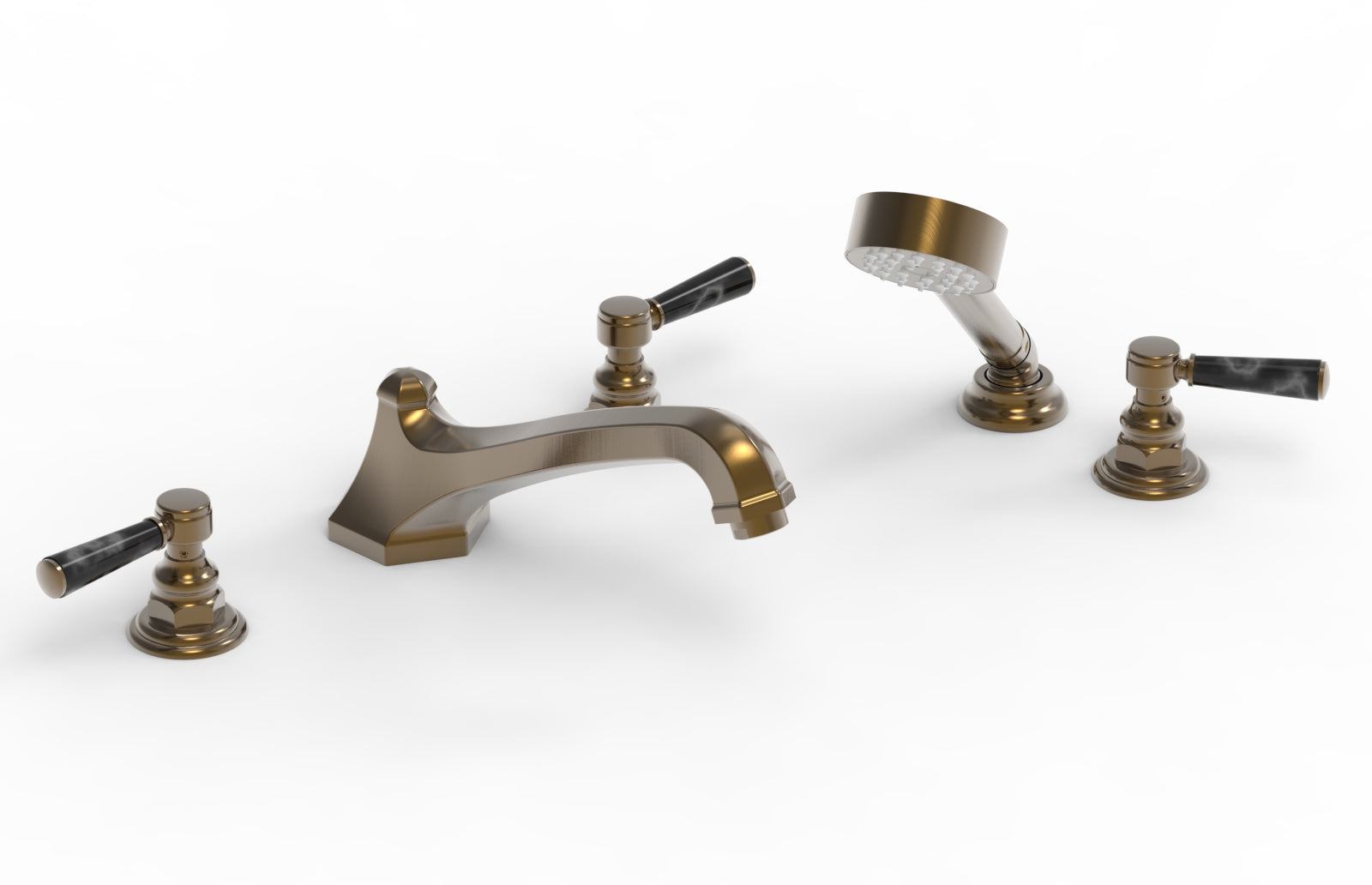 HEX TRADITIONAL Deck Tub Set with Hand Shower - Black Marble Lever Handles 500-50