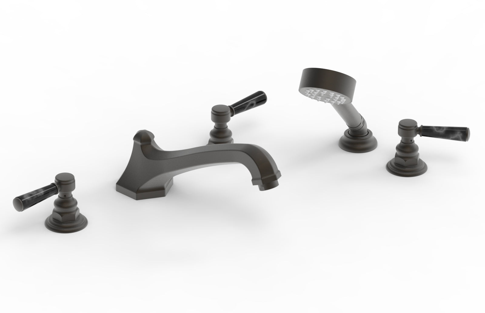 HEX TRADITIONAL Deck Tub Set with Hand Shower - Black Marble Lever Handles 500-50