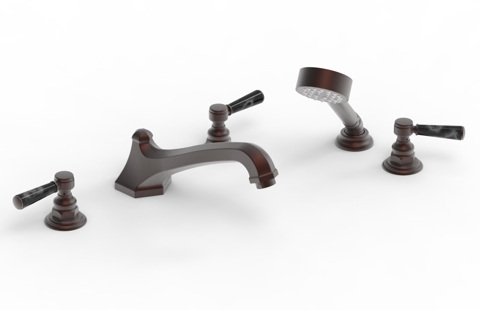 HEX TRADITIONAL Deck Tub Set with Hand Shower - Black Marble Lever Handles 500-50