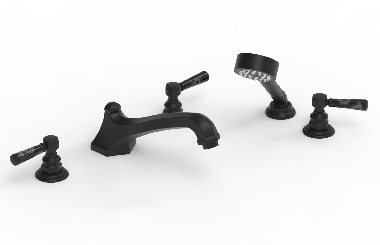 HEX TRADITIONAL Deck Tub Set with Hand Shower - Black Marble Lever Handles 500-50