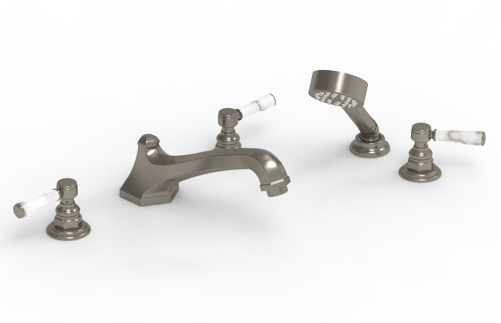 HEX TRADITIONAL Deck Tub Set with Hand Shower - White Marble Lever Handles 500-50