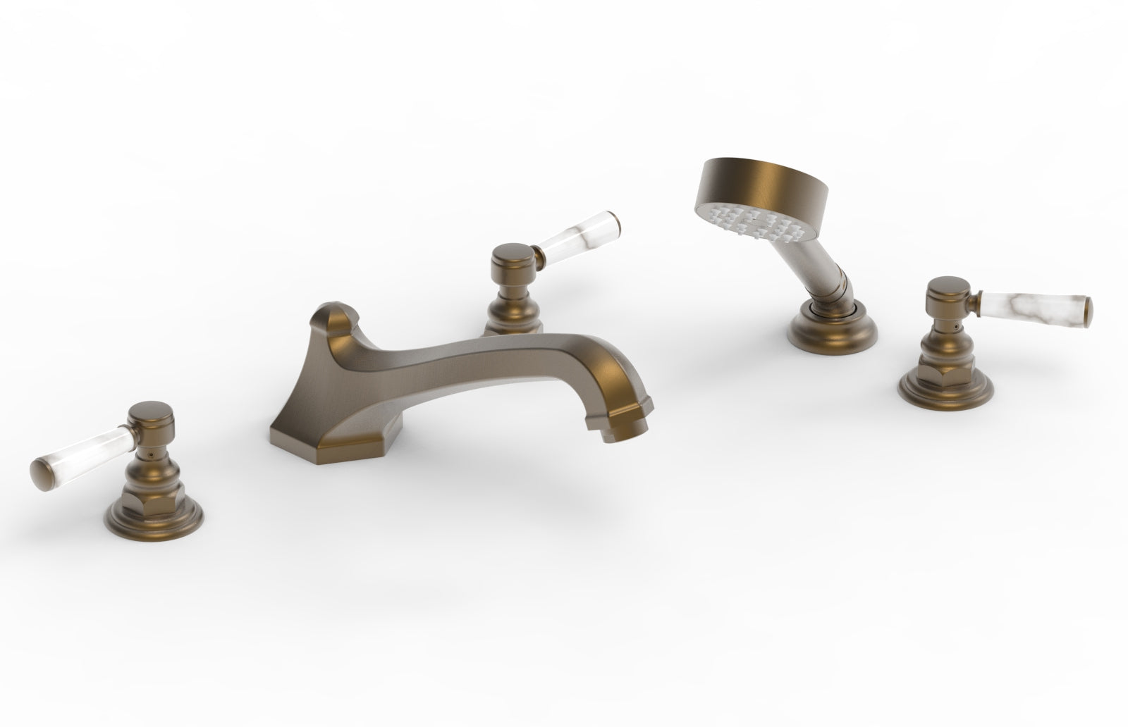 HEX TRADITIONAL Deck Tub Set with Hand Shower - White Marble Lever Handles 500-50
