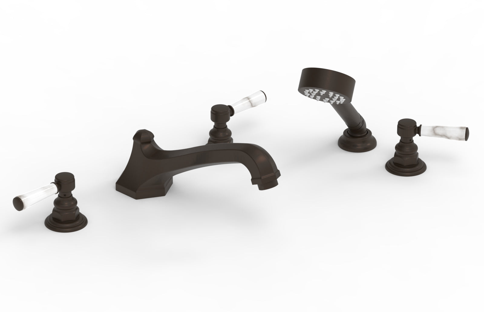HEX TRADITIONAL Deck Tub Set with Hand Shower - White Marble Lever Handles 500-50