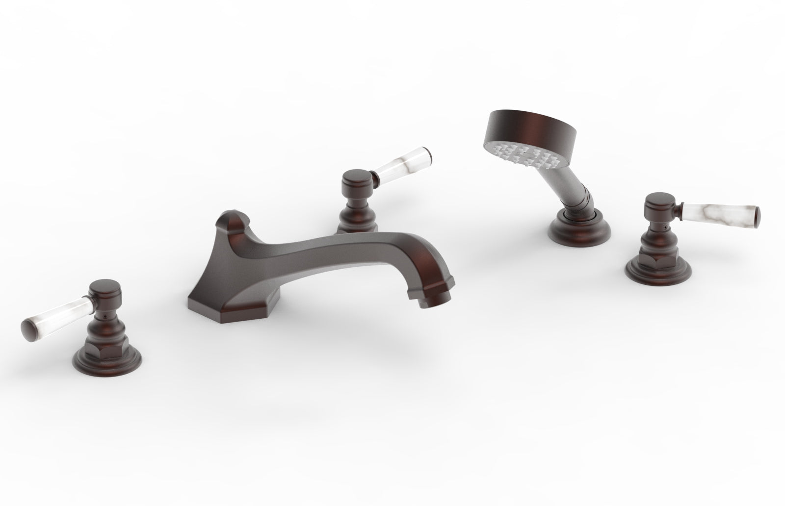 HEX TRADITIONAL Deck Tub Set with Hand Shower - White Marble Lever Handles 500-50