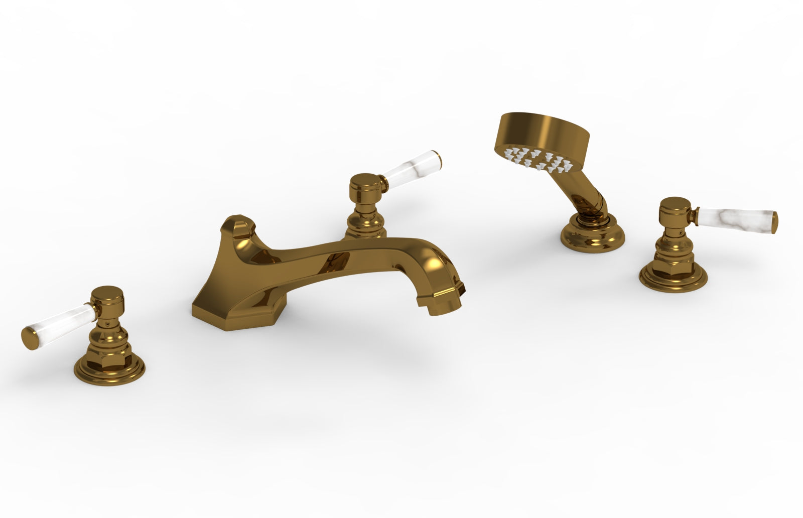 HEX TRADITIONAL Deck Tub Set with Hand Shower - White Marble Lever Handles 500-50