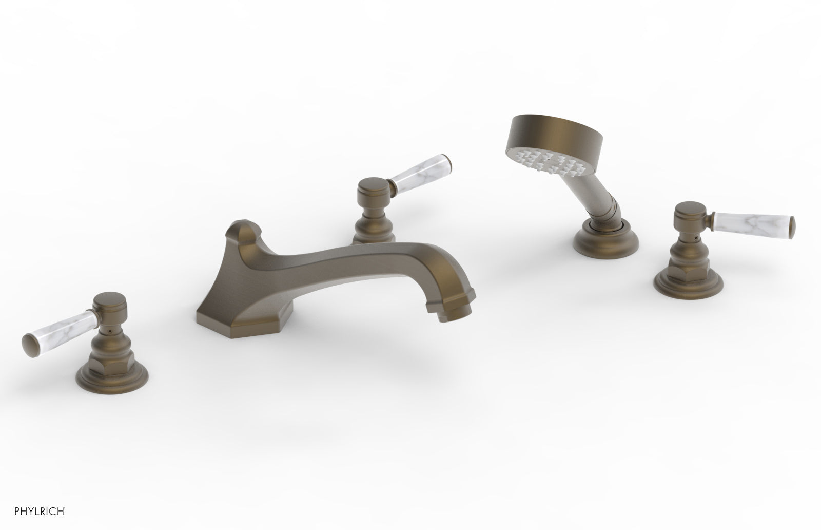 HEX TRADITIONAL Deck Tub Set with Hand Shower - White Marble Lever Handles 500-50