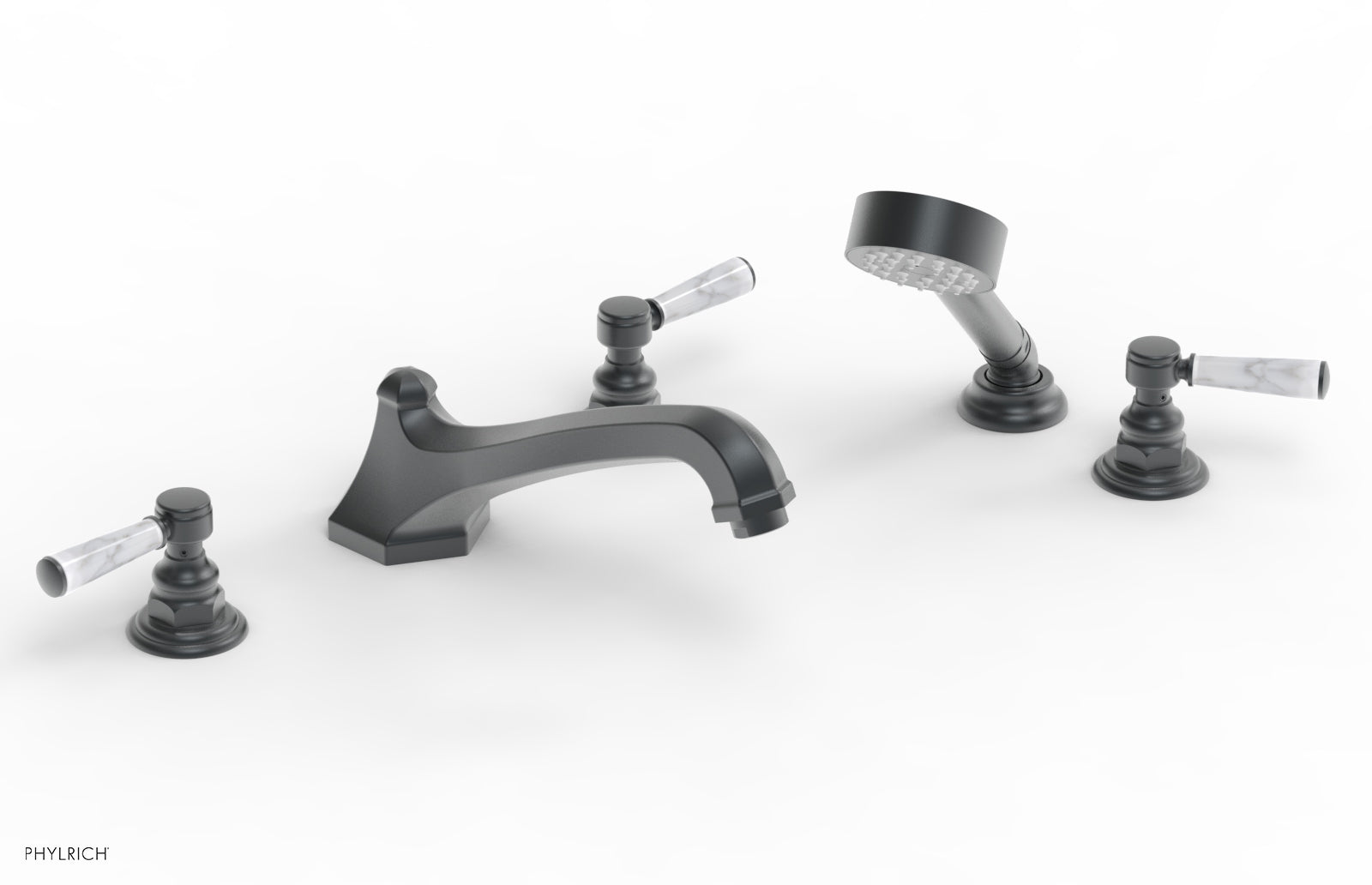 HEX TRADITIONAL Deck Tub Set with Hand Shower - White Marble Lever Handles 500-50