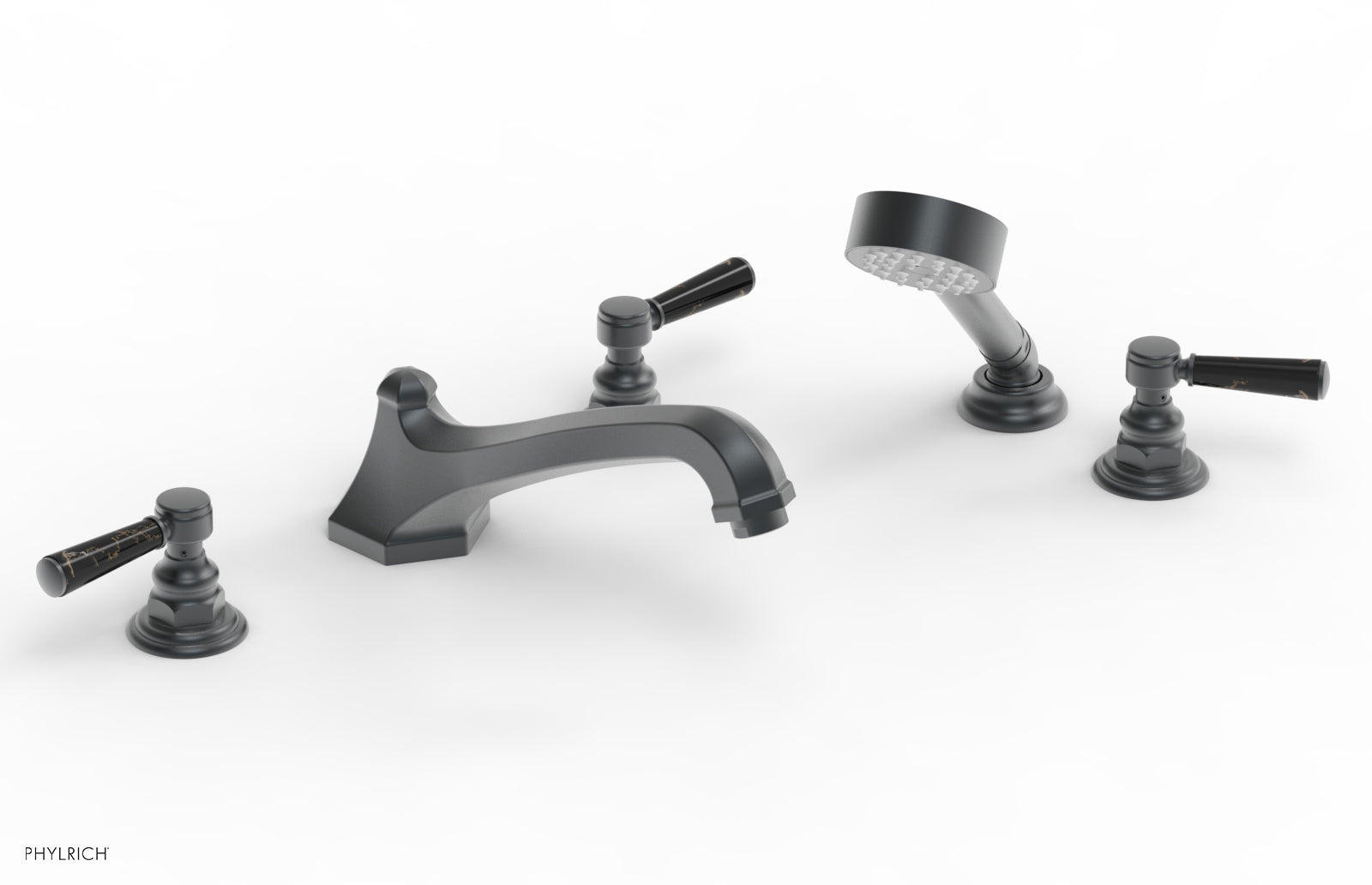 HEX TRADITIONAL Deck Tub Set with Hand Shower - Black Marble Lever Handles 500-50